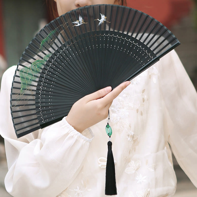 Chinese Folding Fan Silk Bamboo 22.5cm Retro Crane