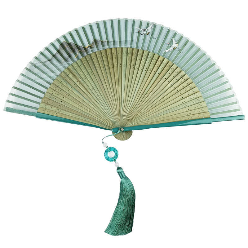 Chinese Folding Fan Silk Bamboo 22.5cm Retro Crane