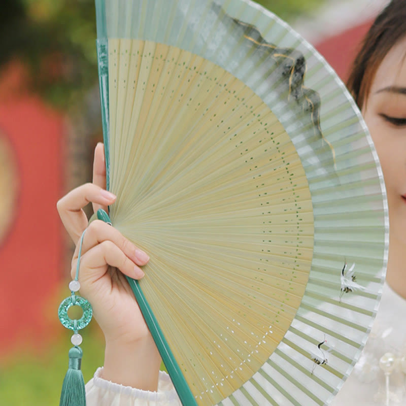 Chinese Folding Fan Silk Bamboo 22.5cm Retro Crane