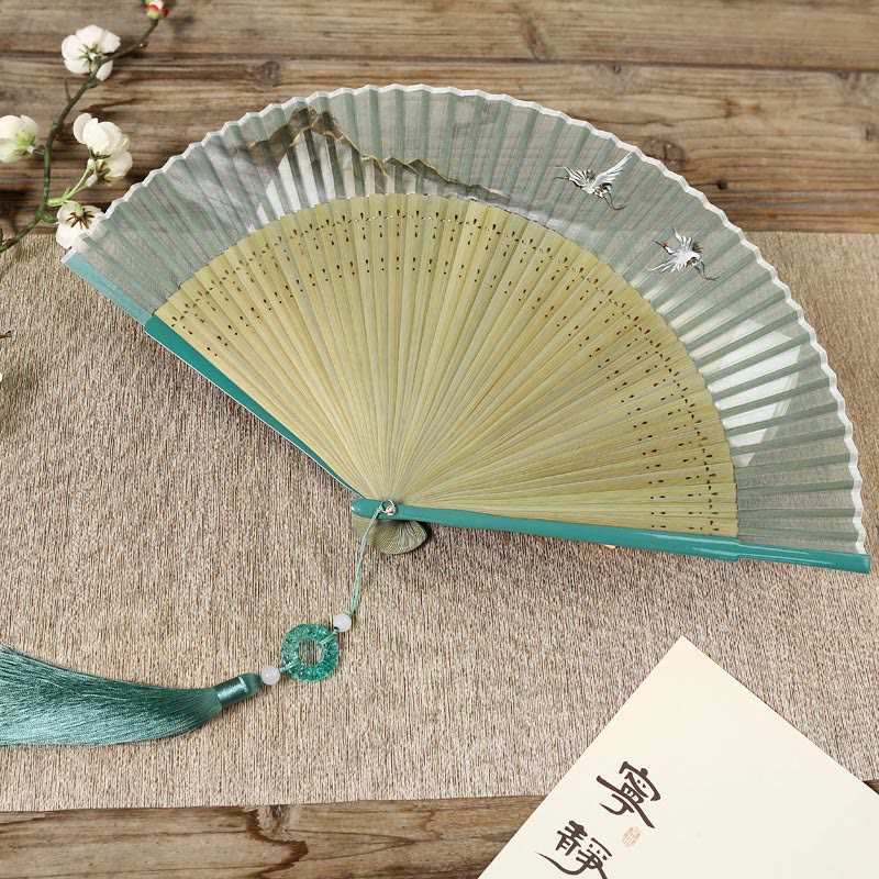 Chinese Folding Fan Silk Bamboo 22.5cm Retro Crane