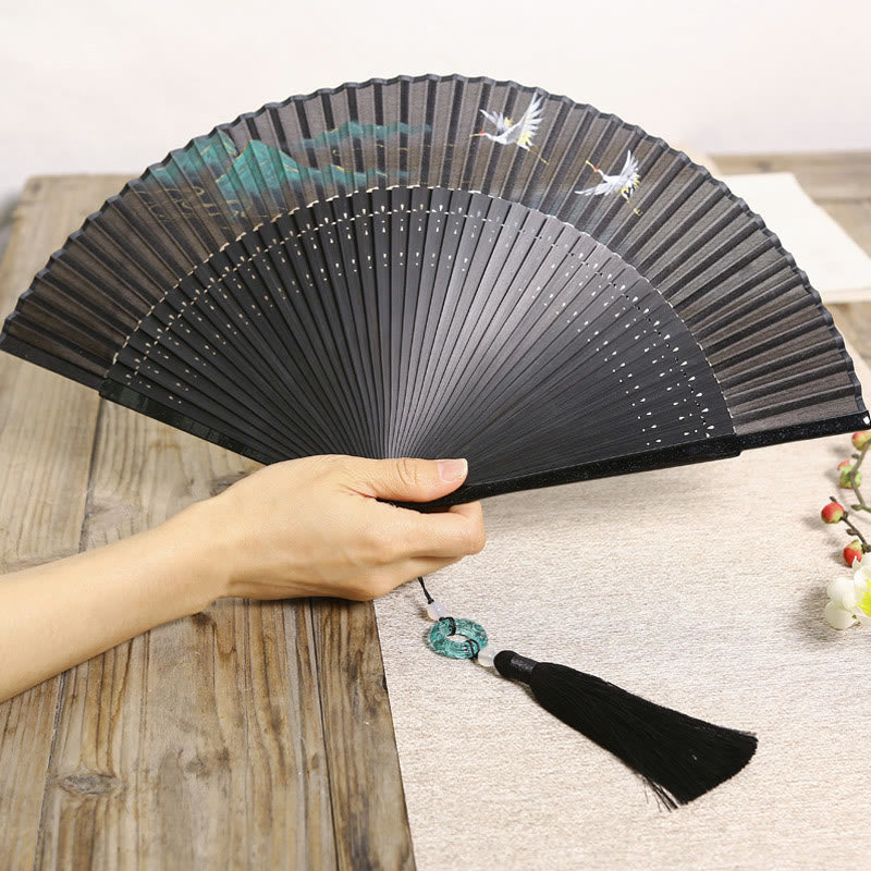 Chinese Folding Fan Silk Bamboo 22.5cm Retro Crane