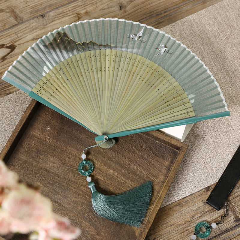 Chinese Folding Fan Silk Bamboo 22.5cm Retro Crane