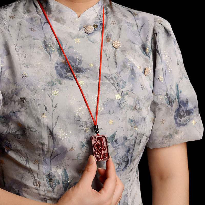 Chinese Zodiac Cinnabar Necklace|Rectangle Pendant Calm Energy