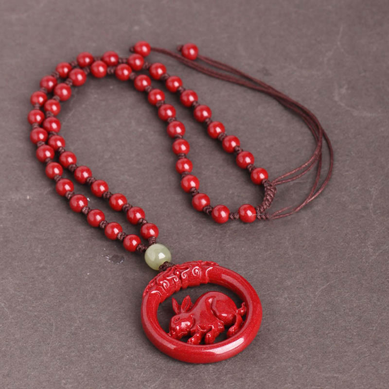 Chinese Zodiac Hetian Jade Cinnabar Peace Necklace
