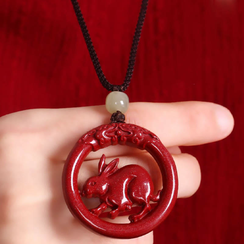 Chinese Zodiac Hetian Jade Cinnabar Peace Necklace