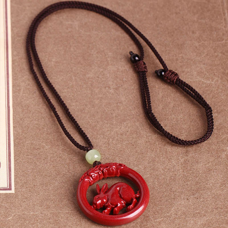 Chinese Zodiac Hetian Jade Cinnabar Peace Necklace