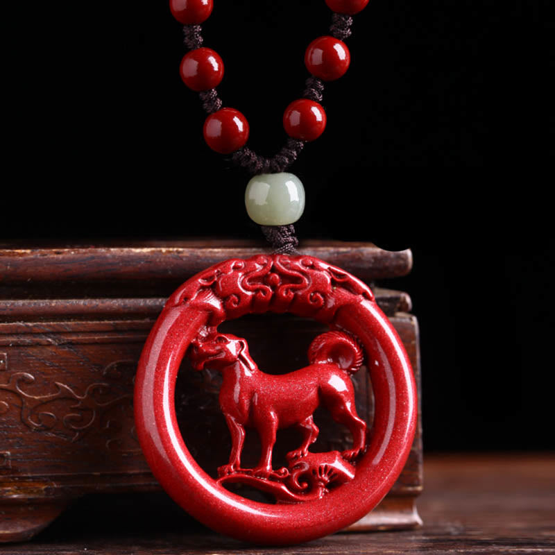 Chinese Zodiac Hetian Jade Cinnabar Peace Necklace
