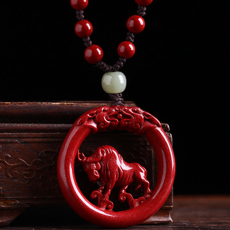 Chinese Zodiac Hetian Jade Cinnabar Peace Necklace