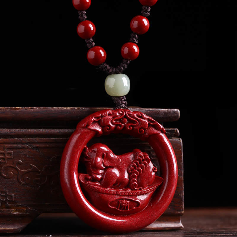 Chinese Zodiac Hetian Jade Cinnabar Peace Necklace