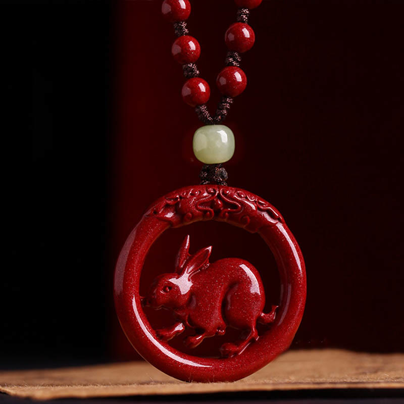 Chinese Zodiac Hetian Jade Cinnabar Peace Necklace