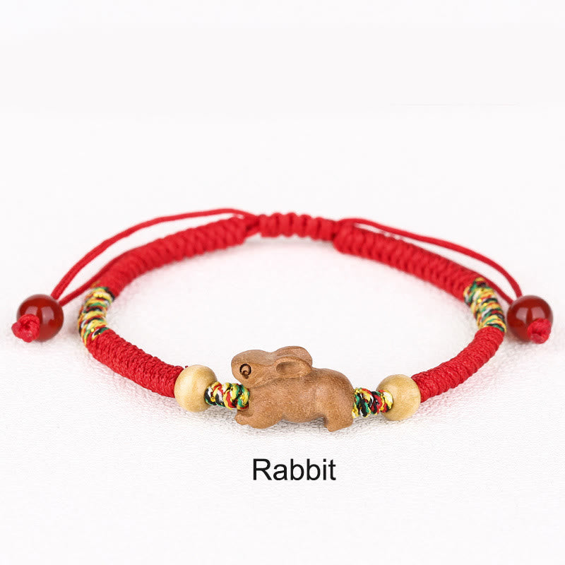 Chinese Zodiac Luck Bracelet with Red String and Peach Wood