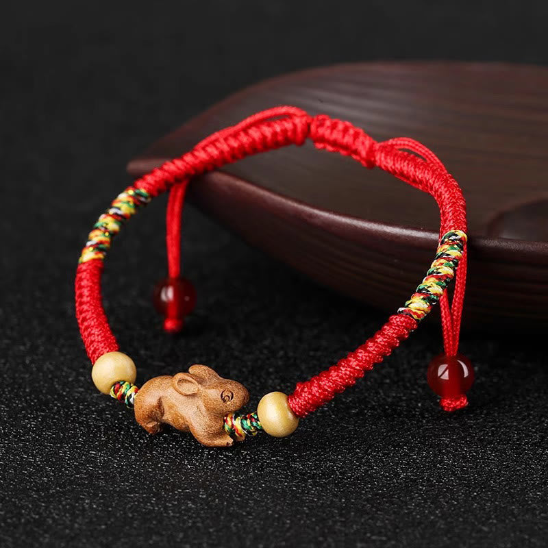 Chinese Zodiac Luck Bracelet with Red String and Peach Wood