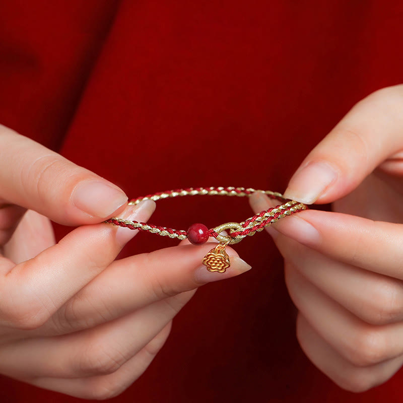 Cinnabar Bracelet with Lotus Silver Blessing Braid 6mm