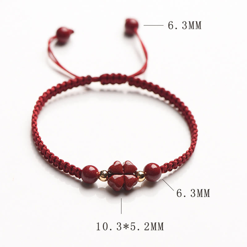 Cinnabar Bracelet with Red String | Four Leaf Clover Blessing