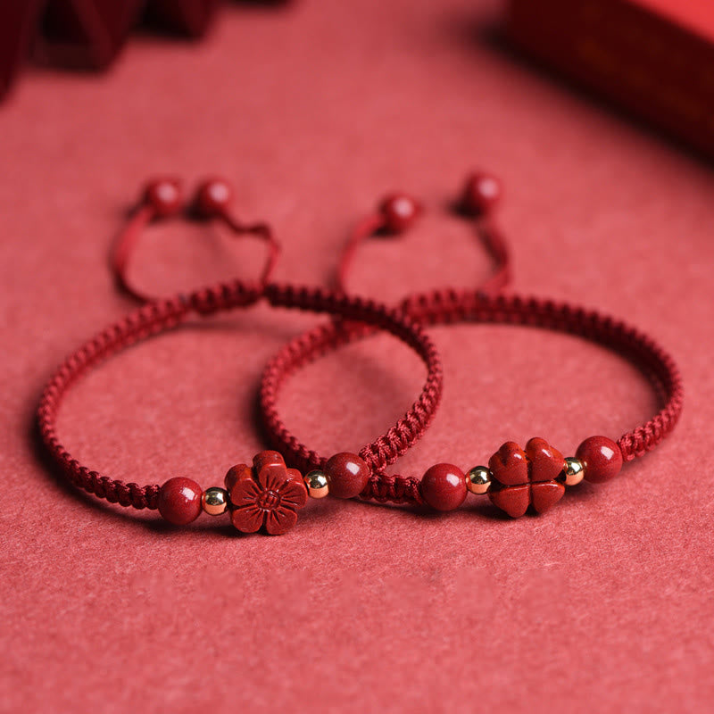 Cinnabar Bracelet with Red String | Four Leaf Clover Blessing