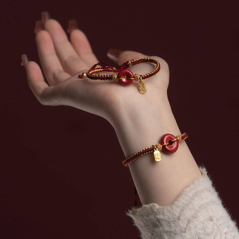 Cinnabar Braided Bracelet with Peace Buckle and Fu Charm