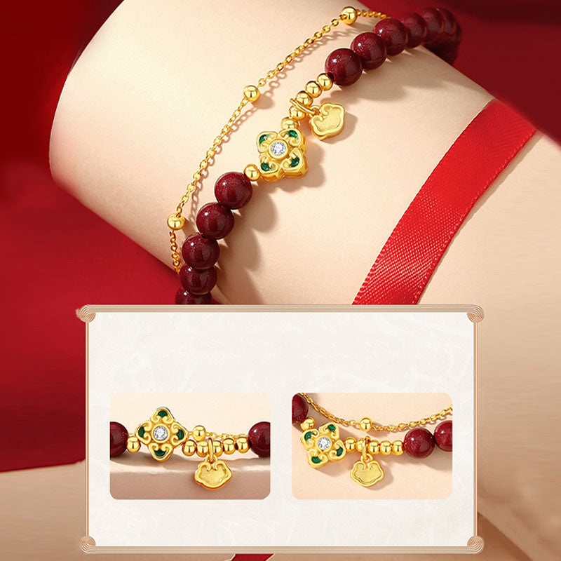 Cinnabar Four Leaf Clover Chain Bracelet in 925 Silver