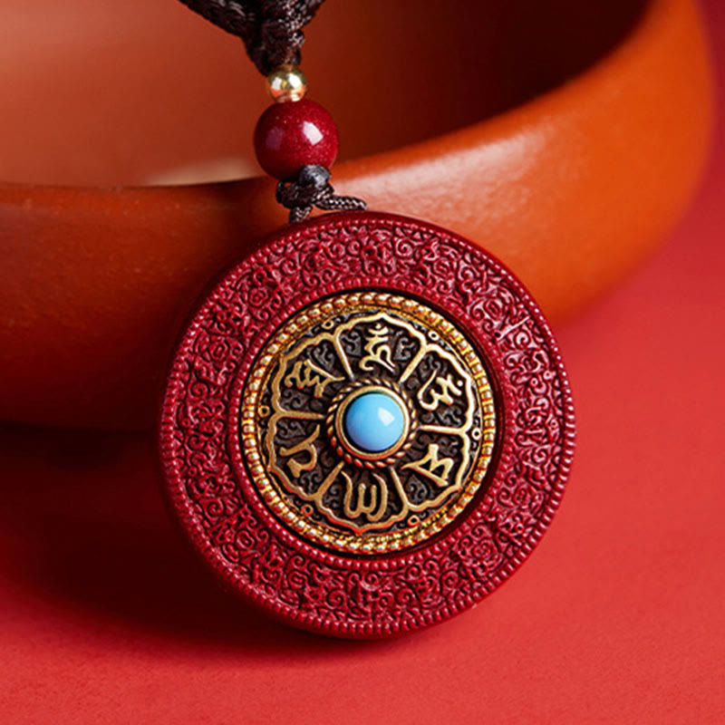 Cinnabar Om Mani Padme Hum Necklace with Yin Yang Pendant