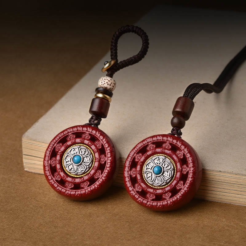 Cinnabar Om Mani Padme Hum Rotatable Pendant Necklace & Key Chain