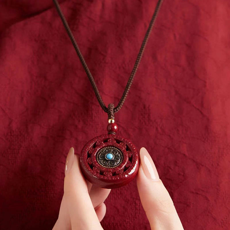 Cinnabar Om Mani Padme Hum Rotatable Pendant Necklace & Key Chain