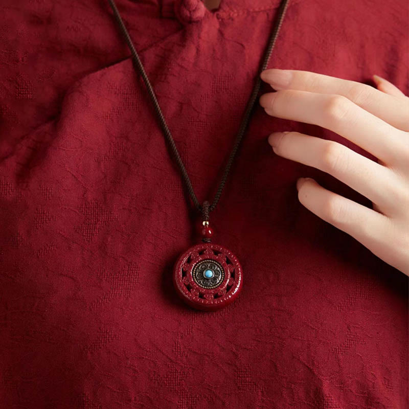 Cinnabar Om Mani Padme Hum Rotatable Pendant Necklace & Key Chain