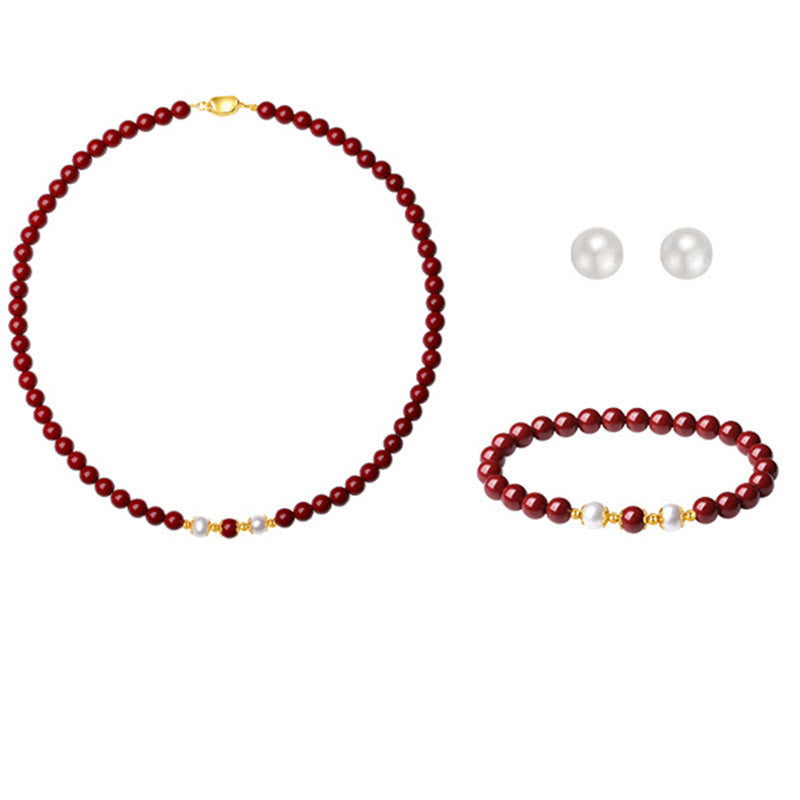 Cinnabar Pearl Blessing Jewelry Set in 925 Sterling Silver