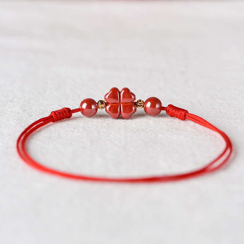 Cinnabar String Bracelet with Four Leaf Clover for Calm & Blessing
