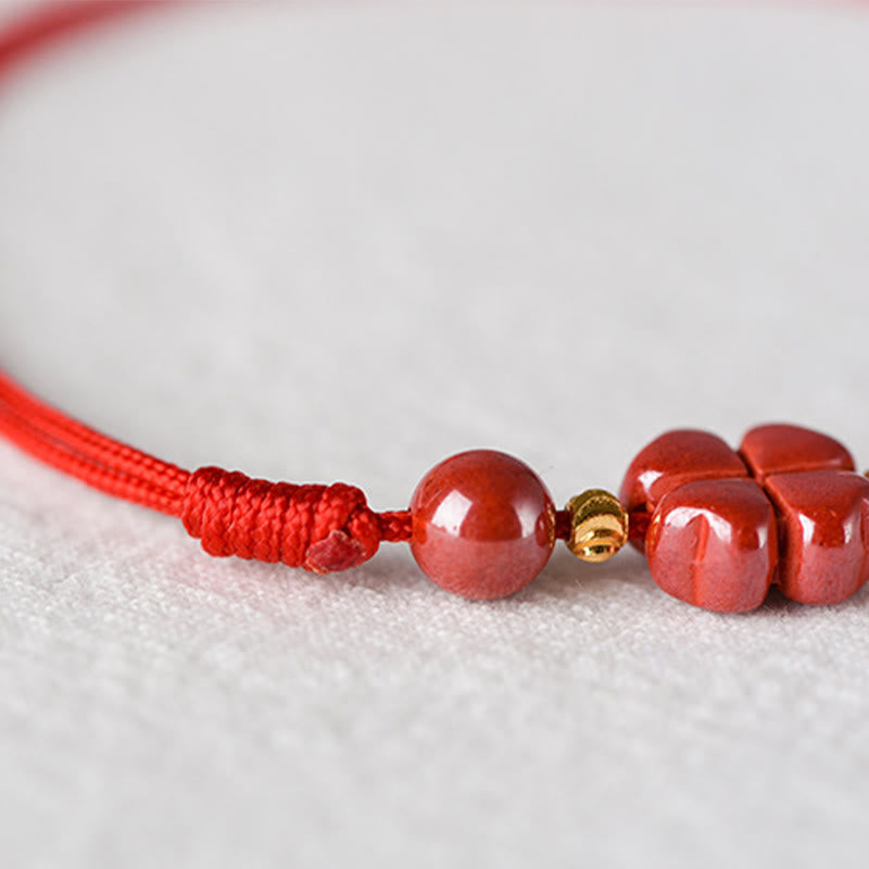 Cinnabar String Bracelet with Four Leaf Clover for Calm & Blessing