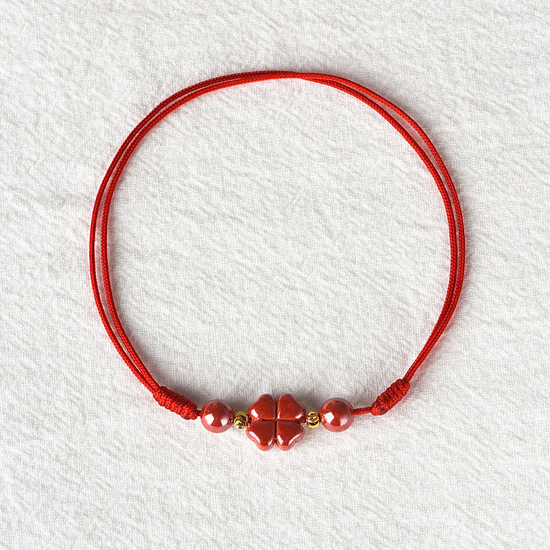 Cinnabar String Bracelet with Four Leaf Clover for Calm & Blessing