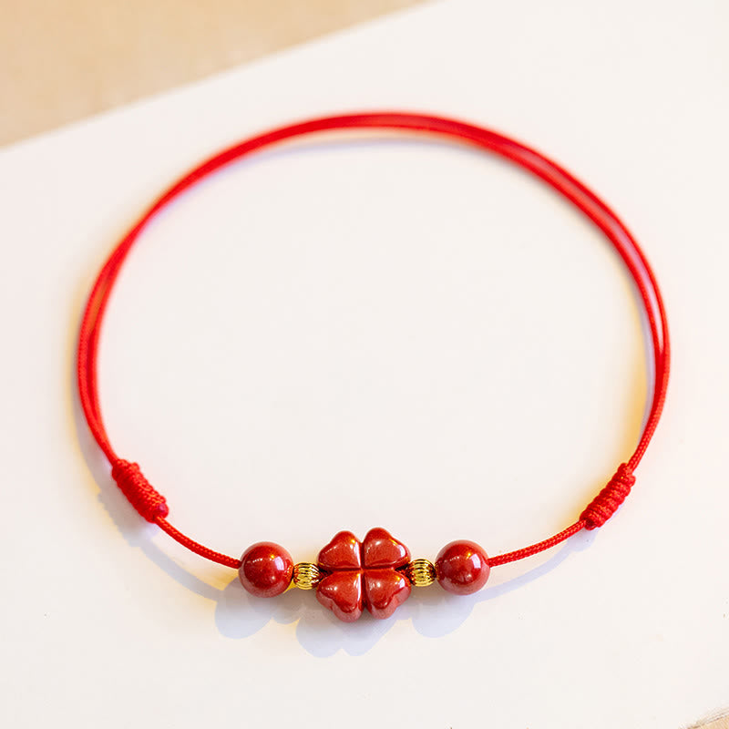 Cinnabar String Bracelet with Four Leaf Clover for Calm & Blessing