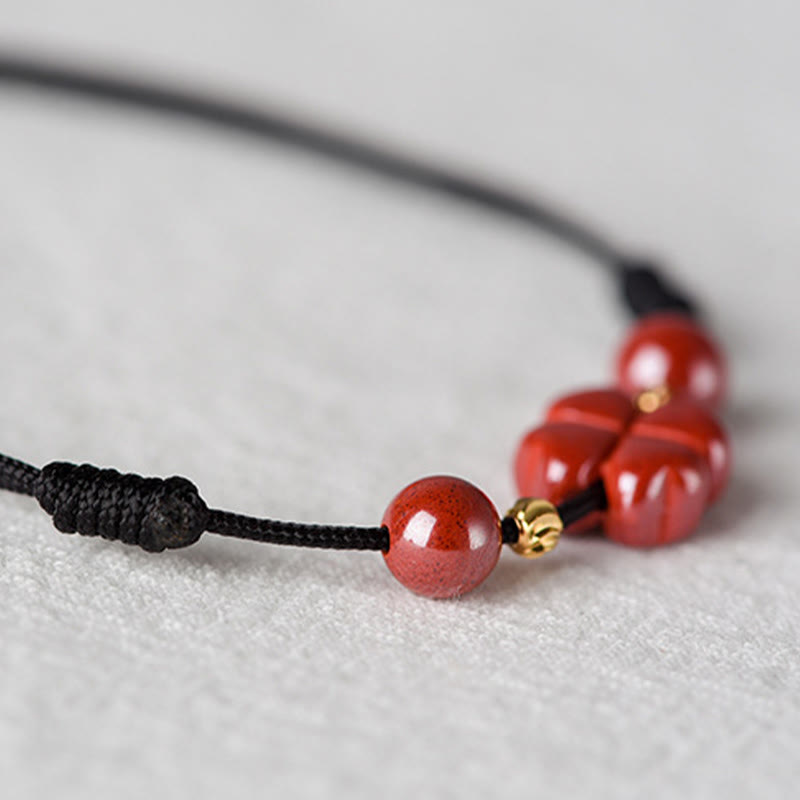 Cinnabar String Bracelet with Four Leaf Clover for Calm & Blessing