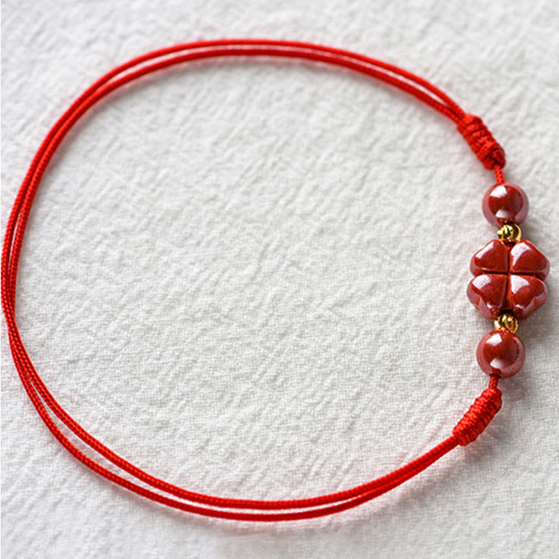 Cinnabar String Bracelet with Four Leaf Clover for Calm & Blessing