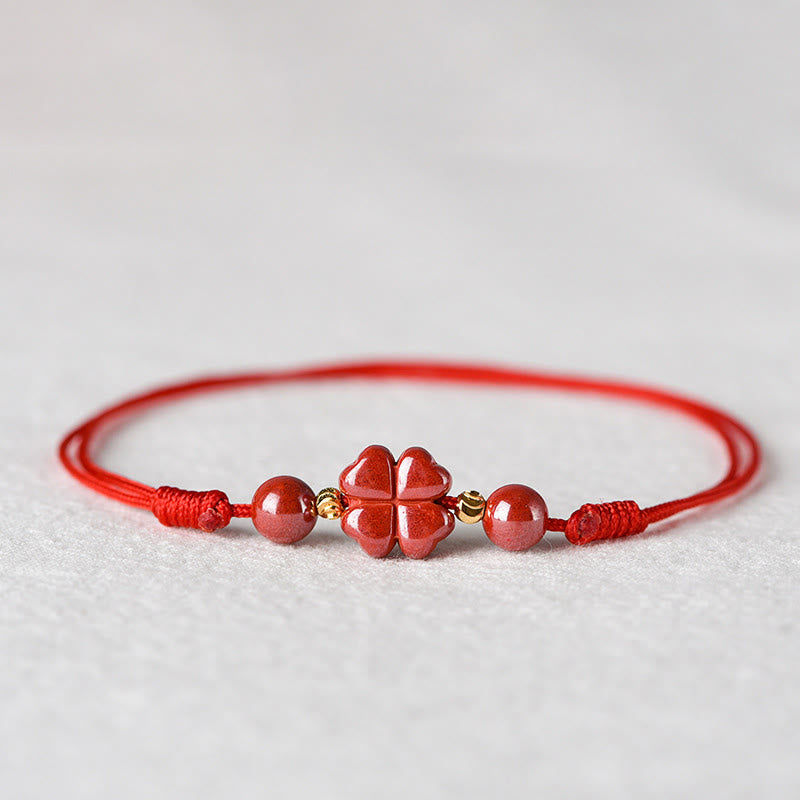 Cinnabar String Bracelet with Four Leaf Clover for Calm & Blessing