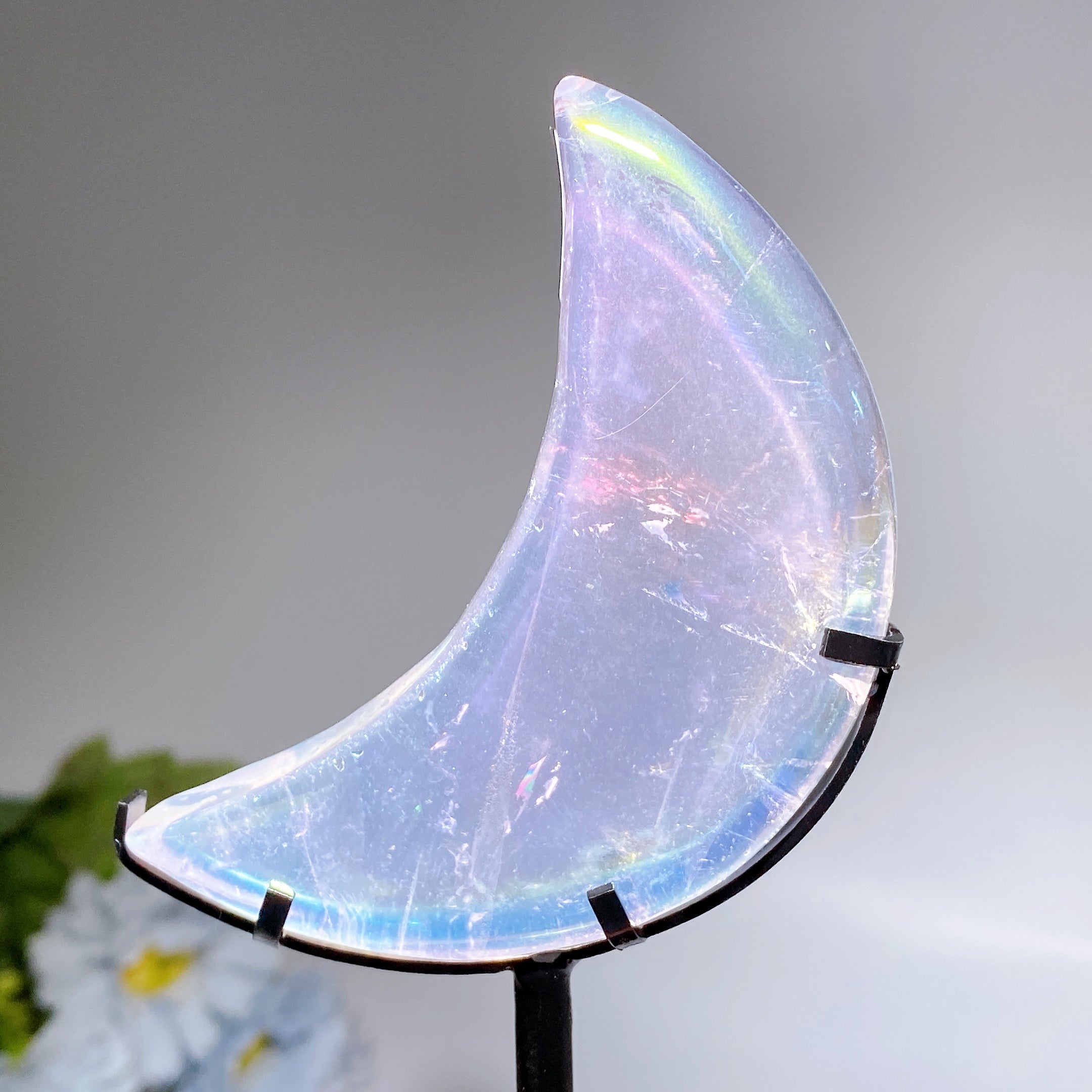 Clear Quartz Aura Angel Moon Carving with Stand 8cm