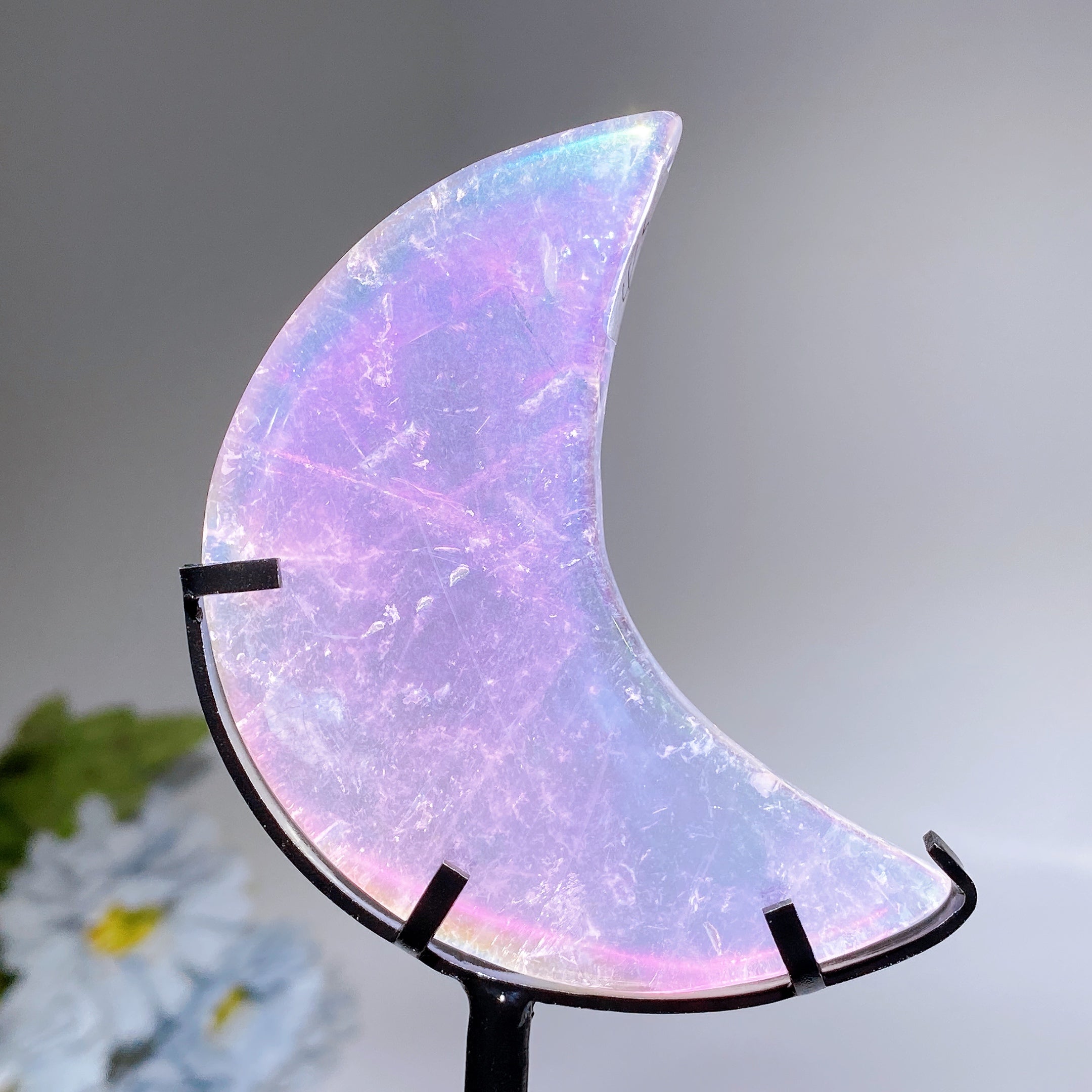 Clear Quartz Aura Angel Moon Carving with Stand 8cm