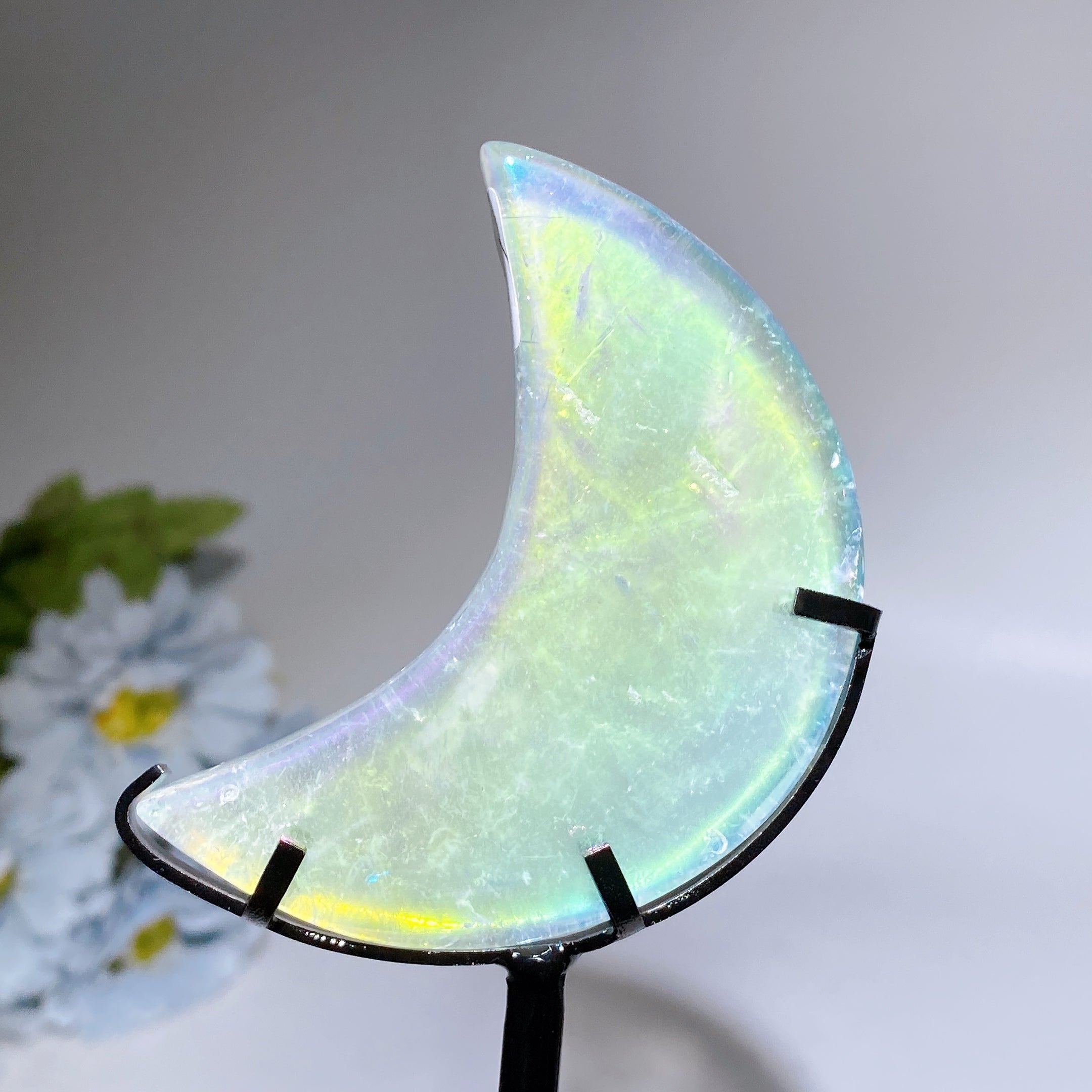 Clear Quartz Aura Angel Moon Carving with Stand 8cm