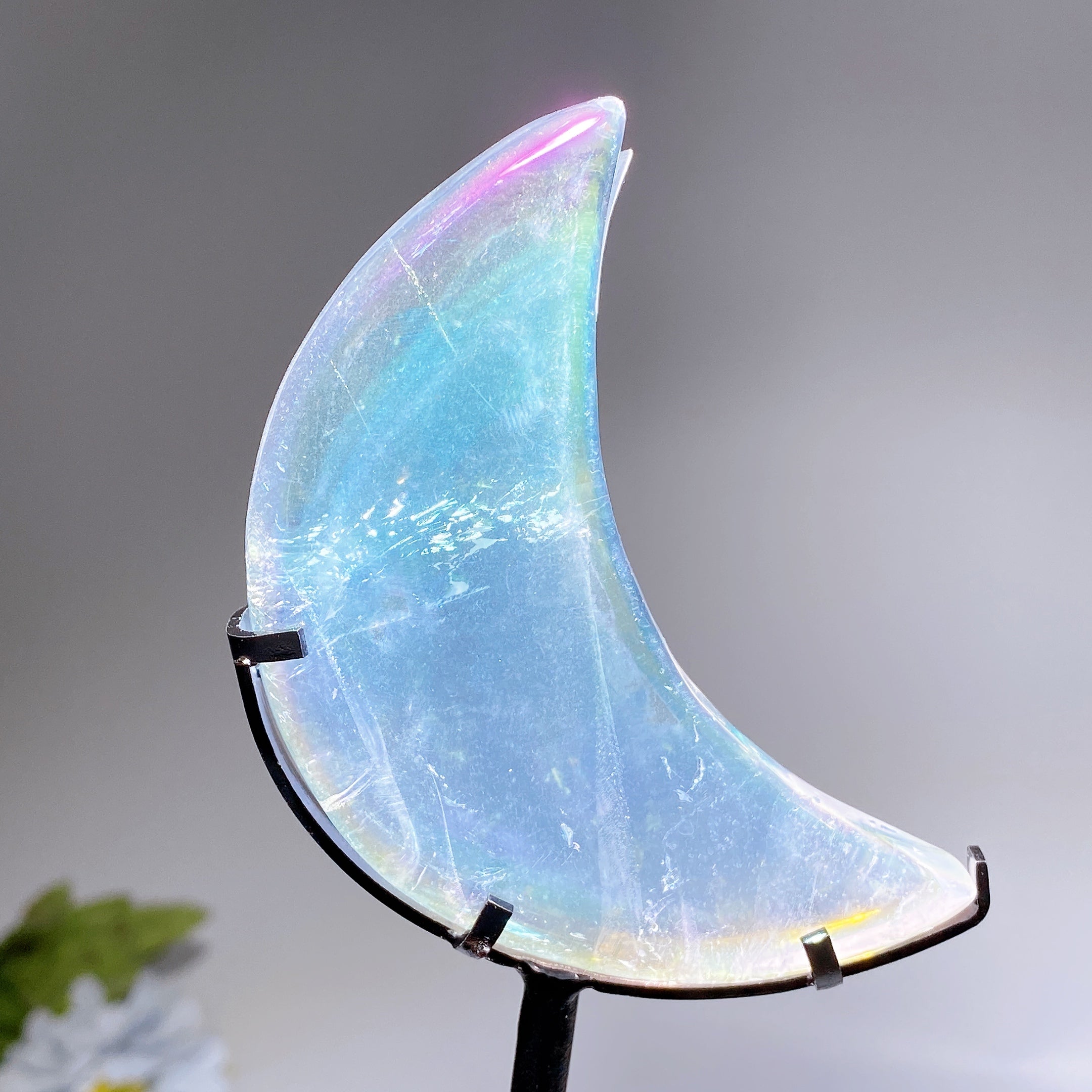Clear Quartz Aura Angel Moon Carving with Stand 8cm