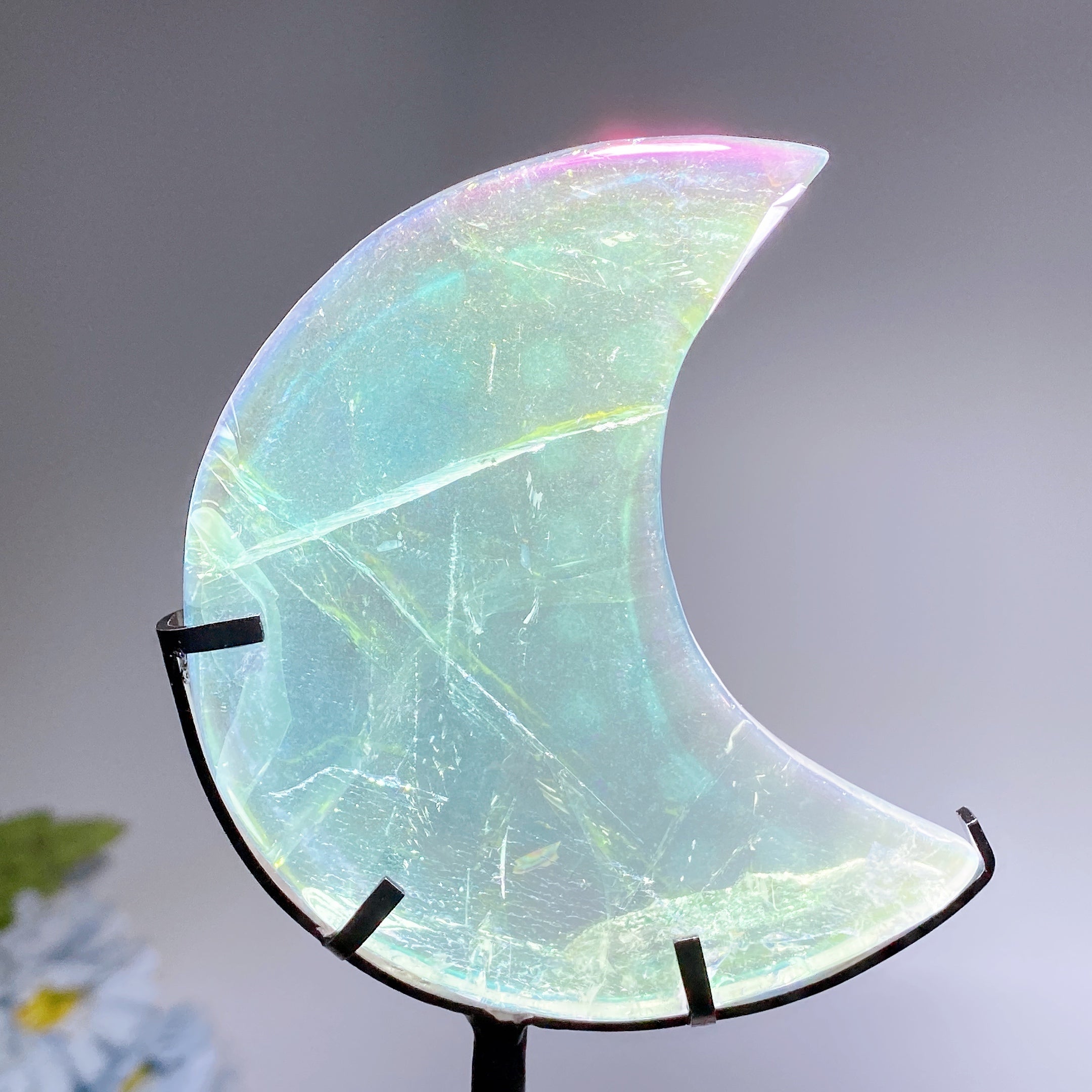 Clear Quartz Aura Angel Moon Carving with Stand 8cm
