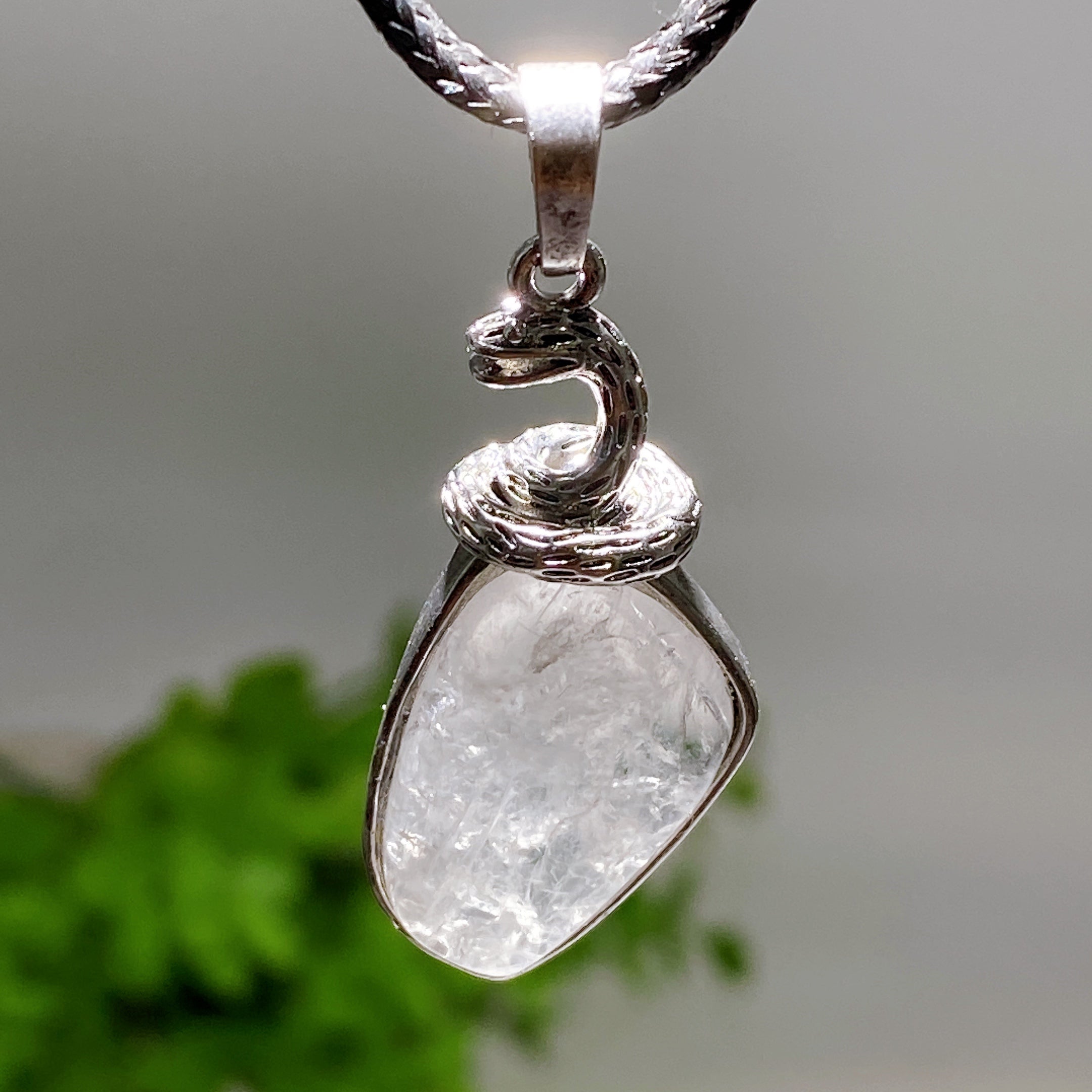 Clear Quartz Pendant with Silver Snake Design, 33mm | Healing Sounds