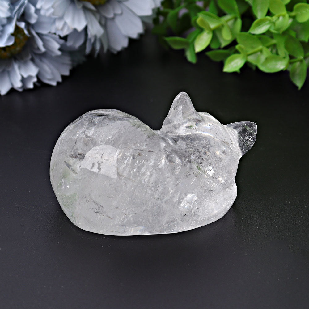 Clear Quartz Sleeping Cat Crystal Figurine 2.1 Inches