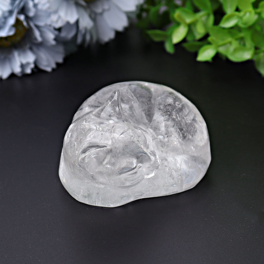Clear Quartz Sleeping Cat Crystal Figurine 2.1 Inches