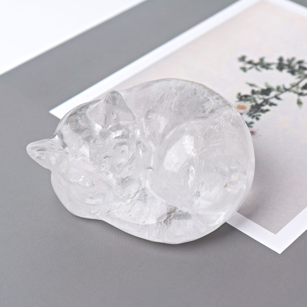 Clear Quartz Sleeping Cat Crystal Figurine 2.1 Inches