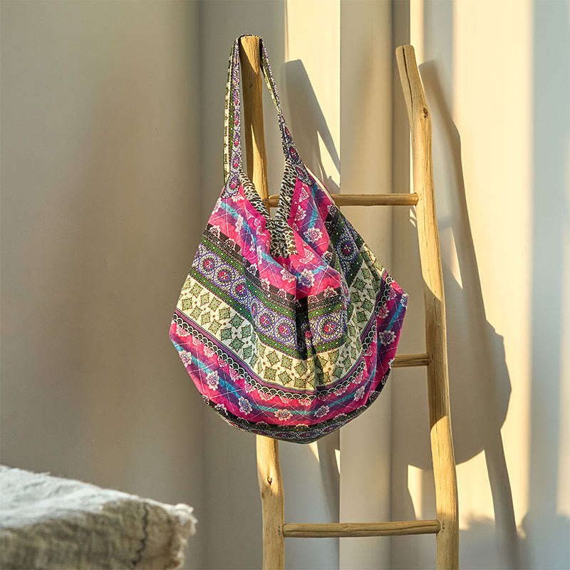 Colored Stripes Cotton Shoulder Bag for Yoga Essentials