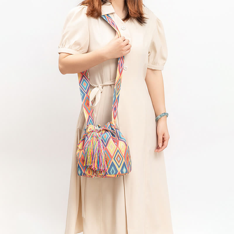 Colorful Canvas Bucket Bag with Geometry Flowers Print