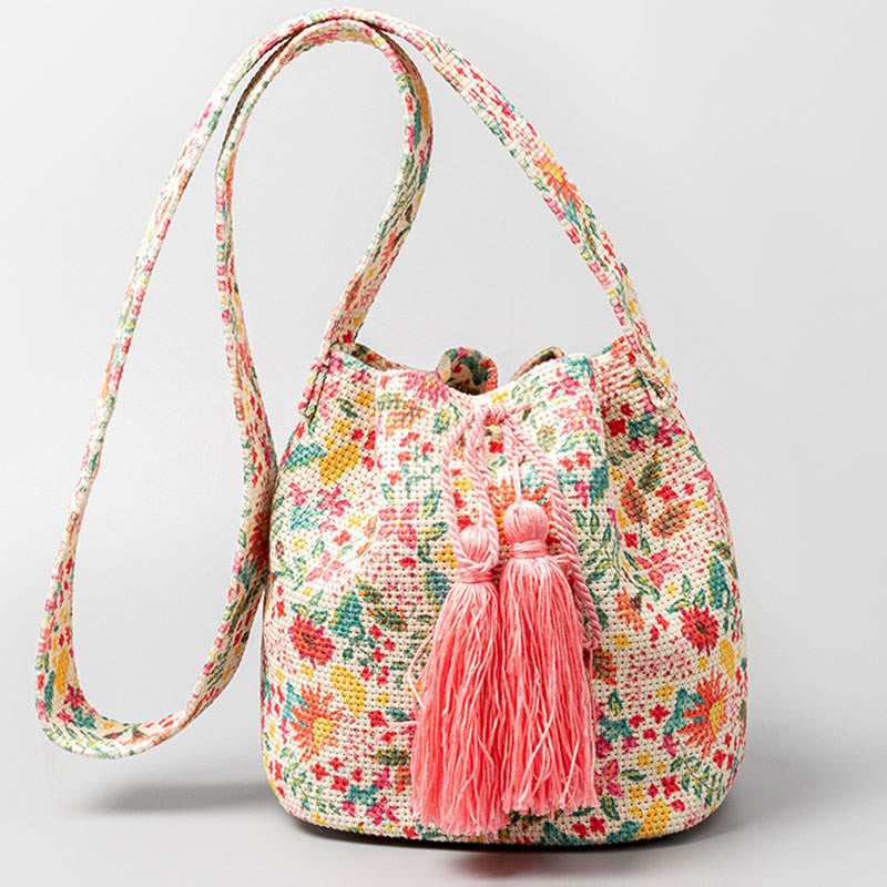 Colorful Canvas Bucket Bag with Geometry Flowers Print