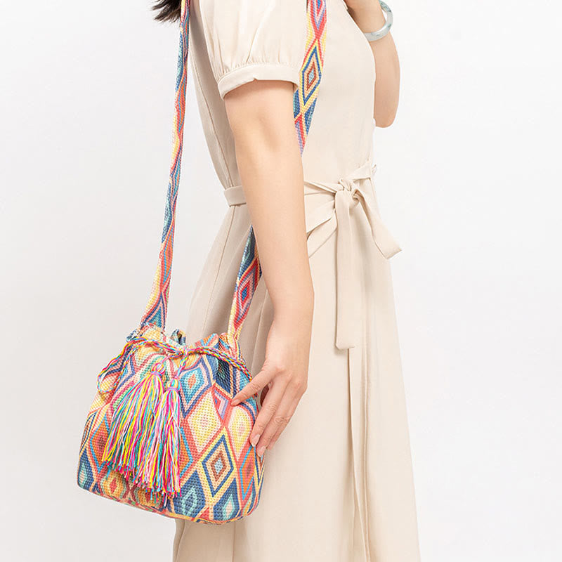 Colorful Canvas Bucket Bag with Geometry Flowers Print