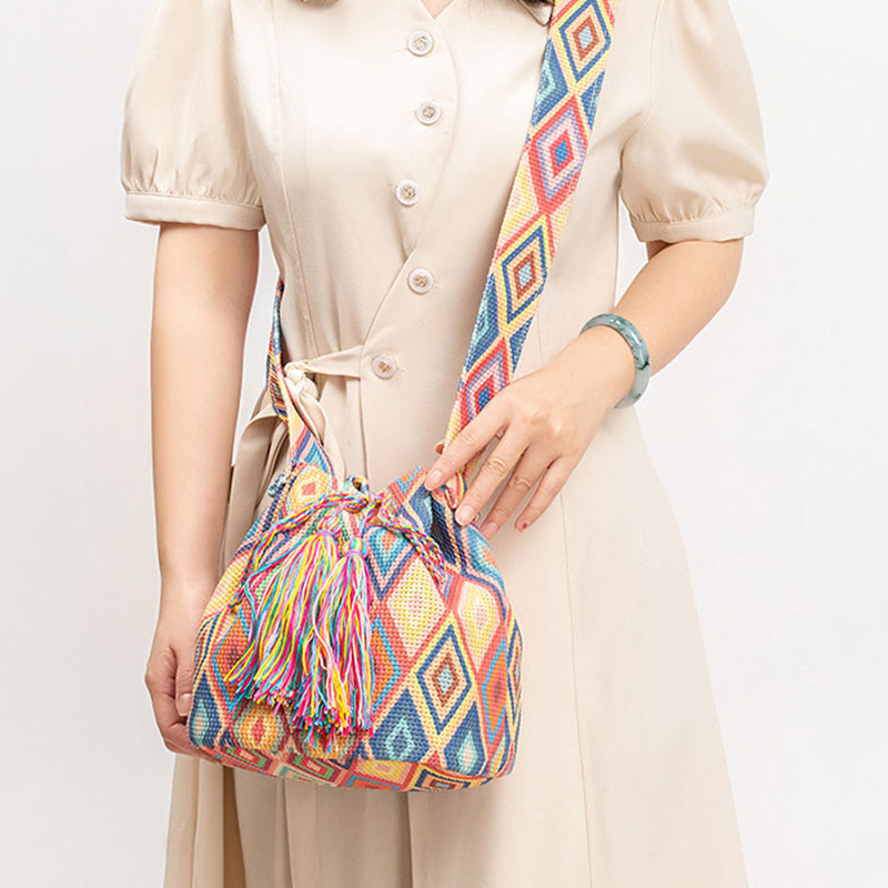 Colorful Canvas Bucket Bag with Geometry Flowers Print