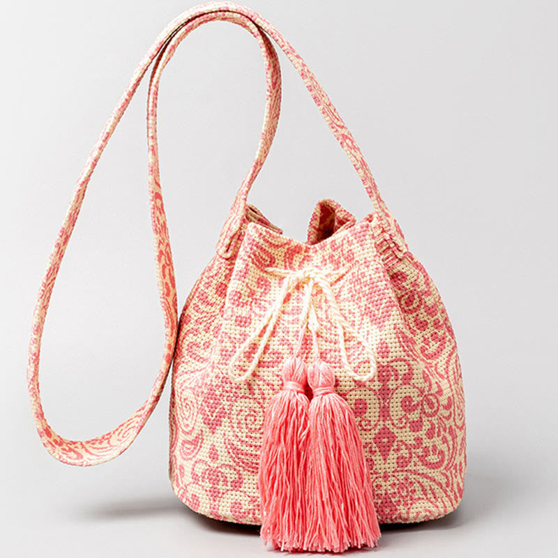 Colorful Canvas Bucket Bag with Geometry Flowers Print