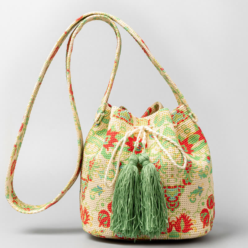 Colorful Canvas Bucket Bag with Geometry Flowers Print