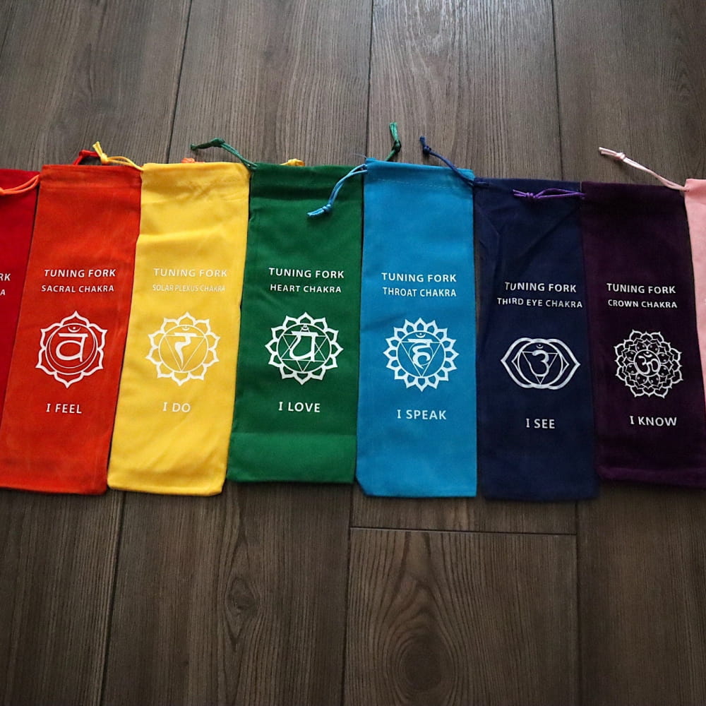 Rainbow Chakra Canvas Tote Bags with Tuning Fork Pouches and Spiritual Symbols